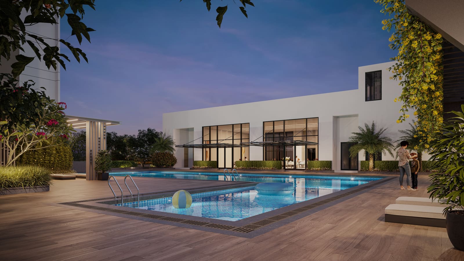 The swimming pool at dusk in front of the lit clubhouse, in a developer render