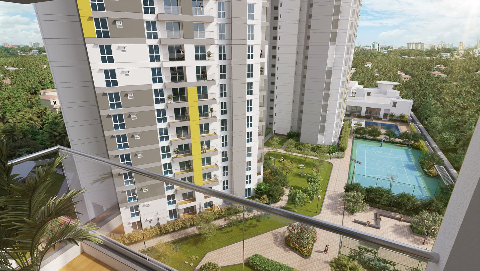The view down from a balcony over the podium, in a developer render