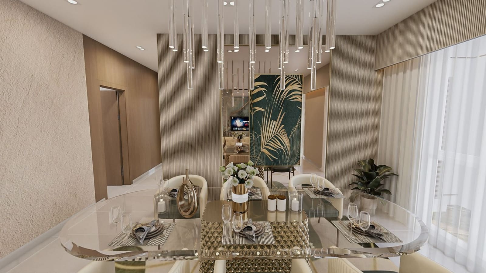 Developer render of a living and dining room: a glass dining table under a crystal rod chandelier, ribbed wall panelling and sheer curtains.
