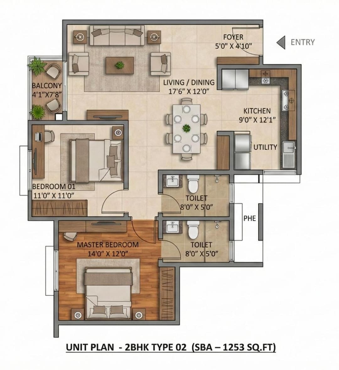 Unit plan of the 2 BHK Type 2, 1,253 sq ft super built-up: a living and dining room, a kitchen and utility, two bedrooms, two toilets and a balcony