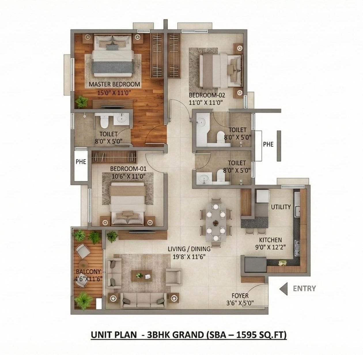 Unit plan of the 3 BHK Grand, 1,595 sq ft super built-up: a living and dining room, a kitchen and utility, three bedrooms, three toilets and a balcony