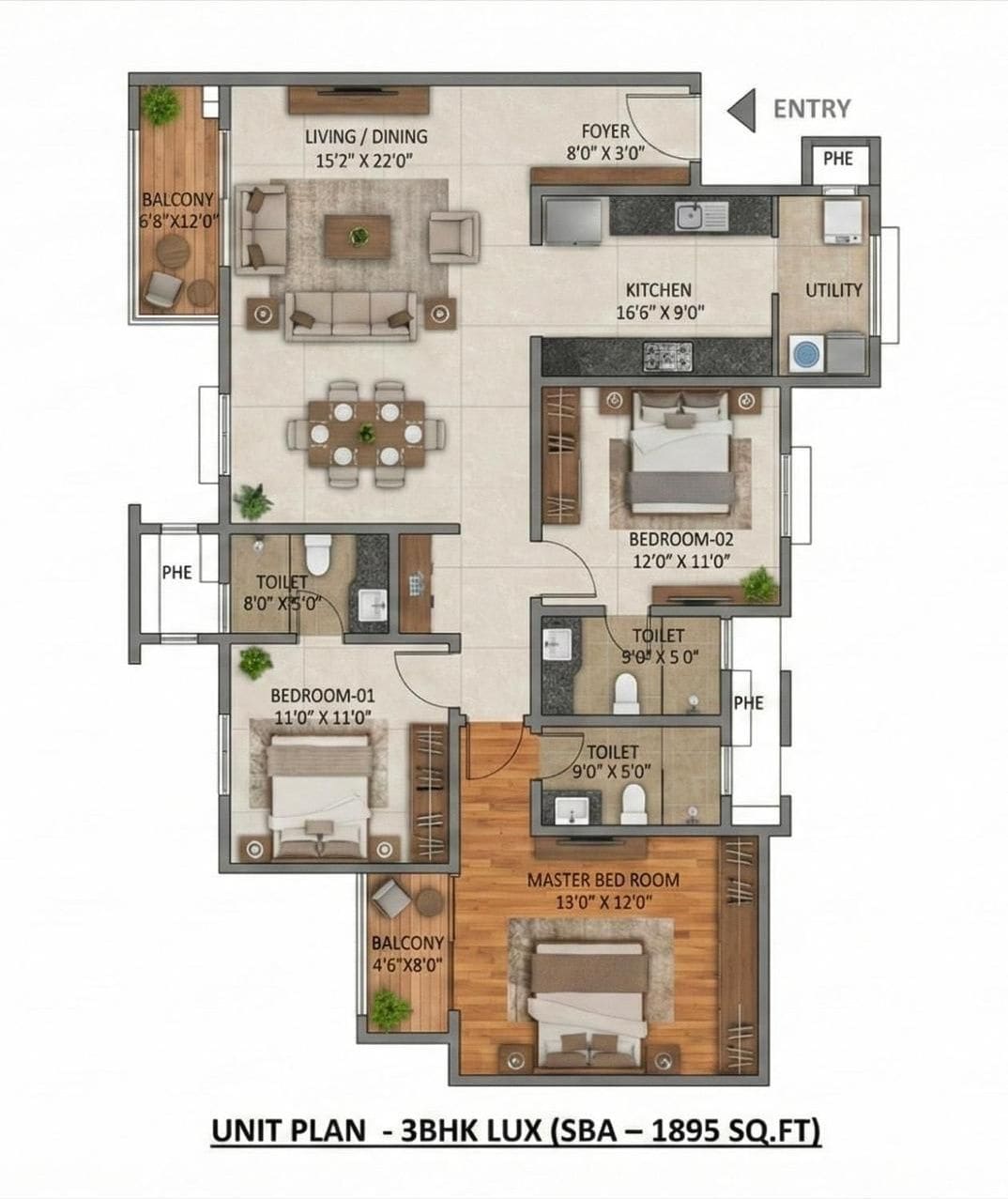 Unit plan of the 3 BHK Lux, 1,895 sq ft super built-up: a living and dining room, a kitchen and utility, three bedrooms, three toilets and two balconies
