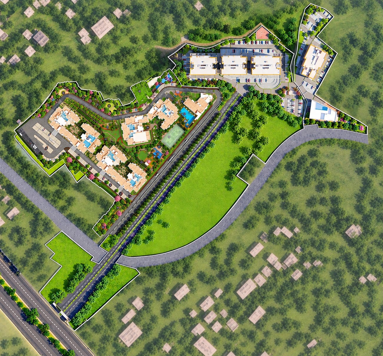 The developer's site plan, an aerial render: towers set around landscaped courts, pools and a sports court, the approach road running up from the highway past an open green parcel, and a further group of buildings with parking at the top right