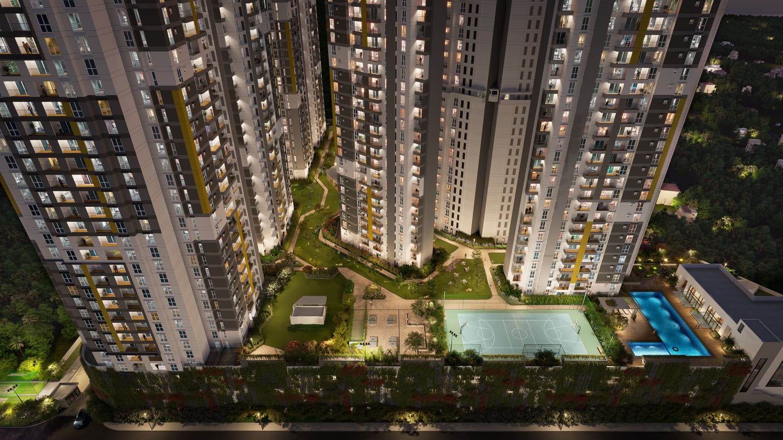 The podium at night seen from above, between the towers, in a developer render