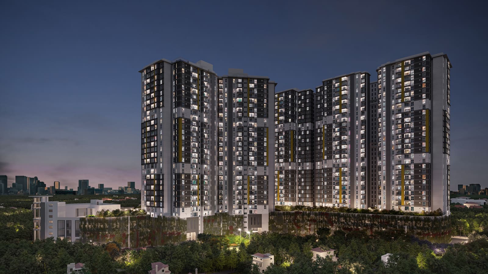 CitySpire's six towers lit at dusk above the podium, in a developer render