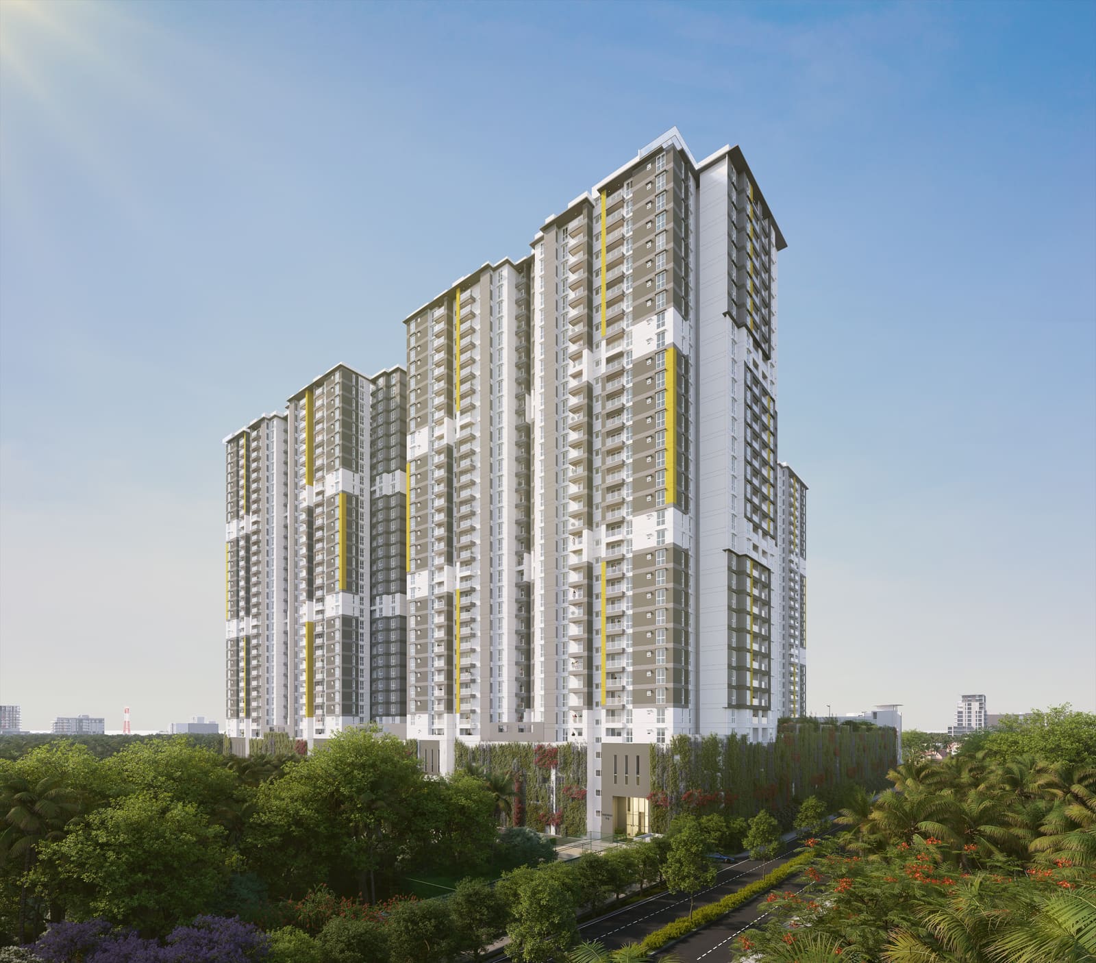 A tower in daylight above the tree line, with its yellow accent strips, in a developer render