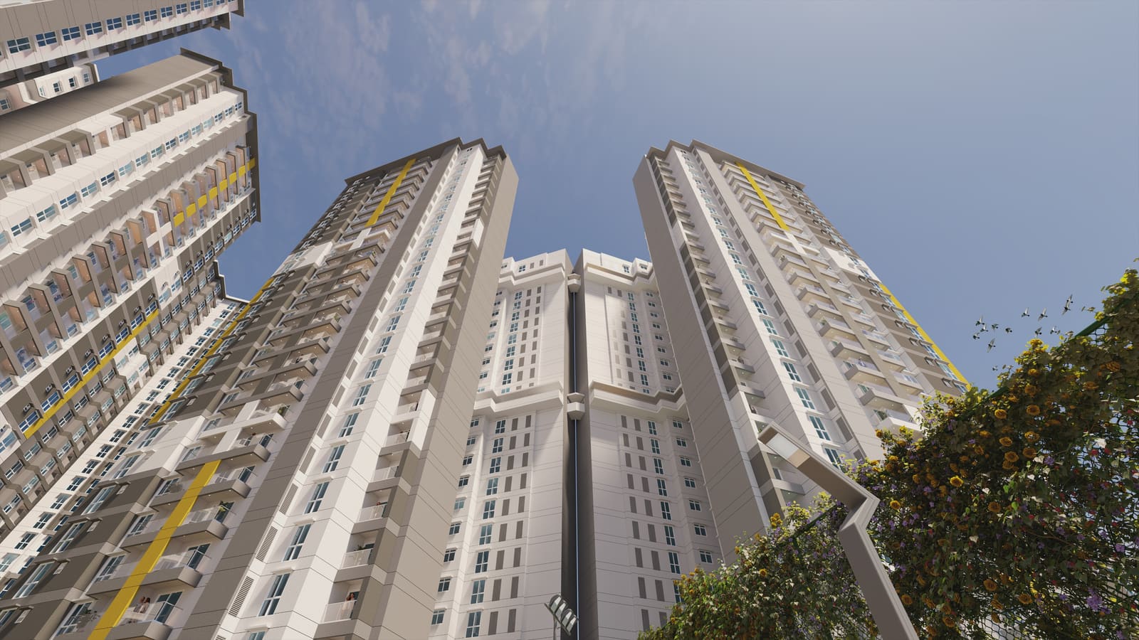 Looking straight up between the towers into a clear sky, in a developer render